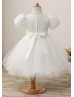 Puff Sleeves Beaded Ivory Lace Tulle Flower Girl Dress